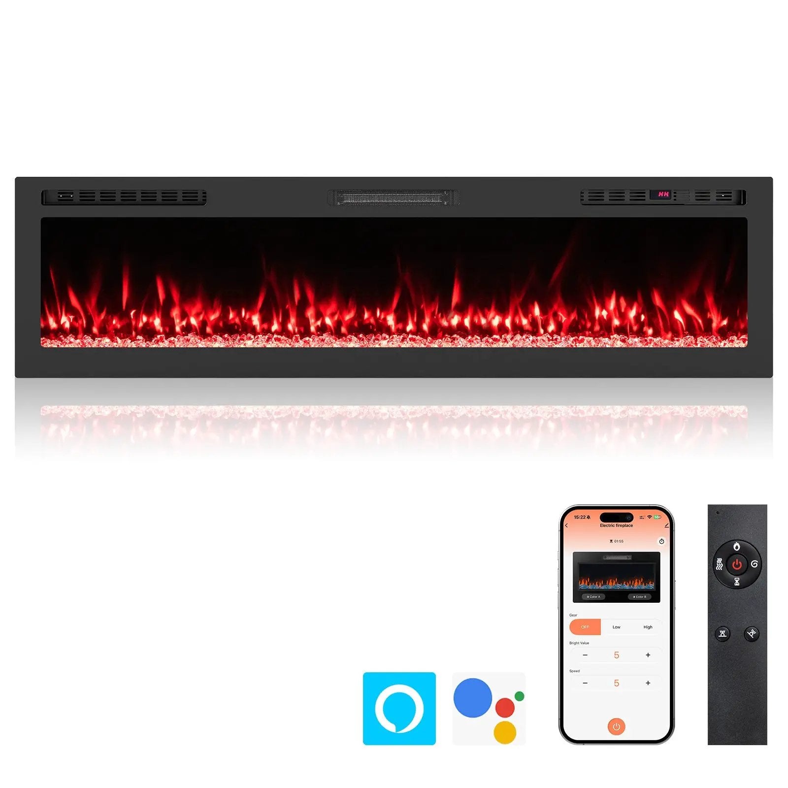 Smart WiFi Electric Fireplace Wall Mounted & Recessed 750W/1500W Heater by DirectDeals