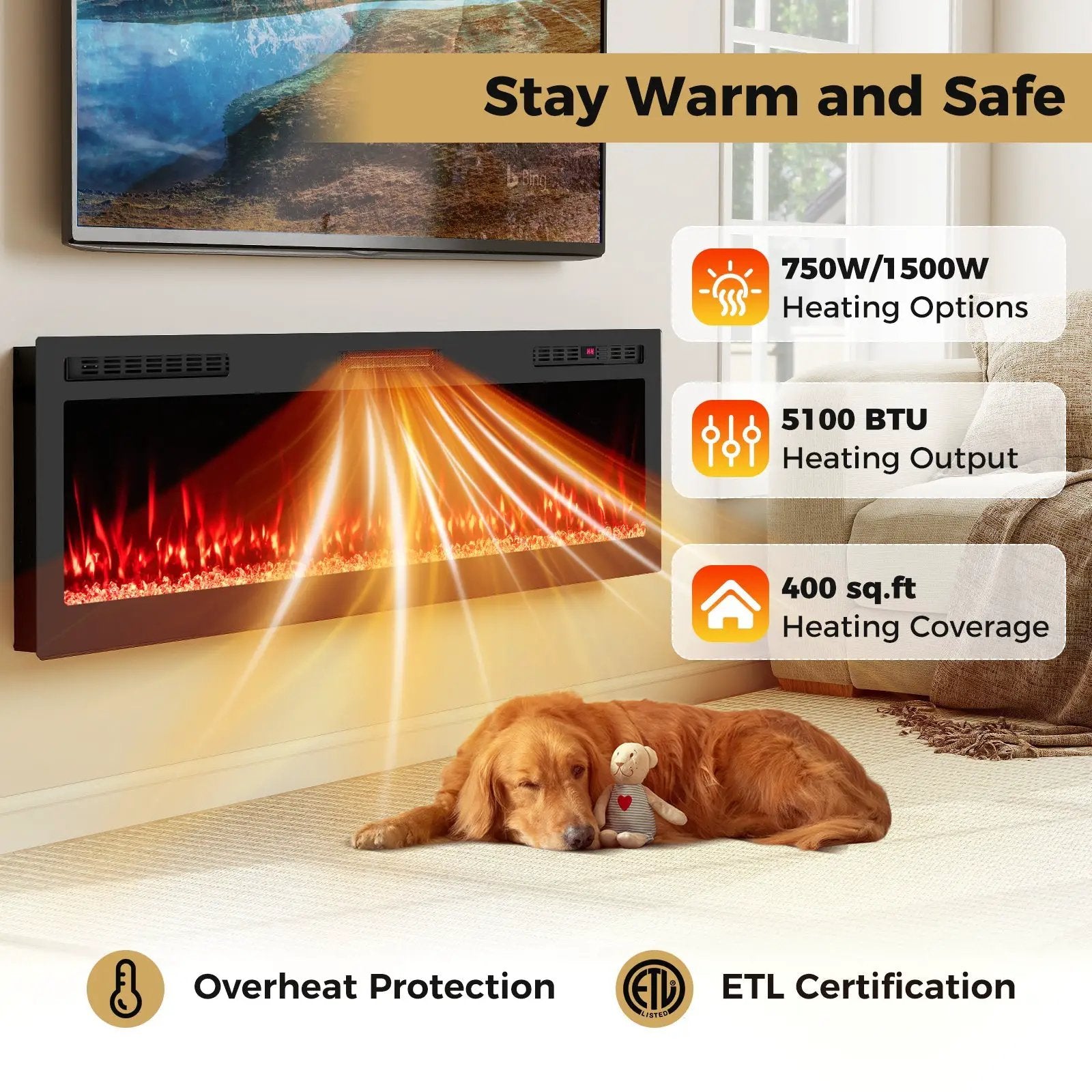 Smart WiFi Electric Fireplace Wall Mounted & Recessed 750W/1500W Heater by DirectDeals