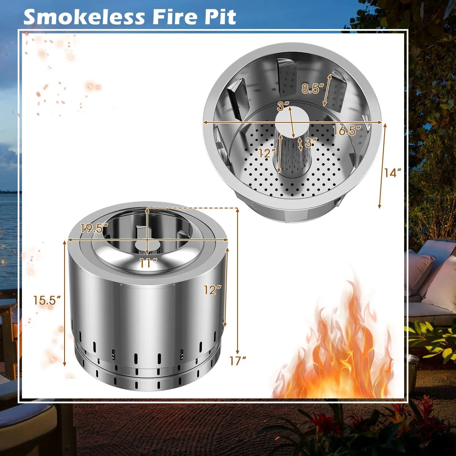 Smokeless Stainless Steel Fire Pit with Ash Pan for Yard Camping-Silver by DirectDeals