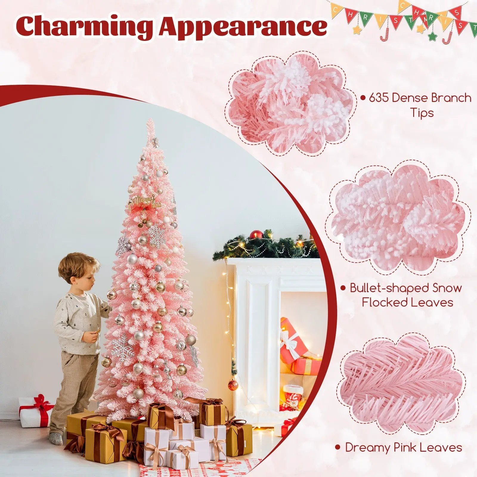 Snow Flocked 7 FT Artificial Pink Xmas Tree with 635 Branch Tips by DirectDeals