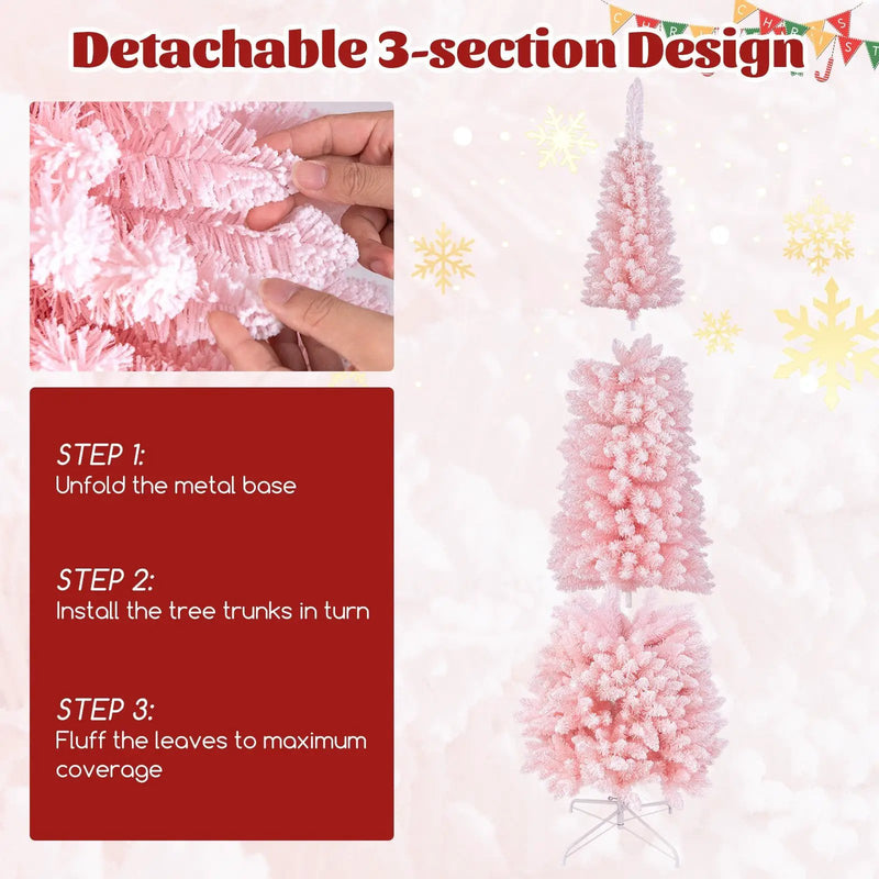 Snow Flocked 7 FT Artificial Pink Xmas Tree with 635 Branch Tips by DirectDeals