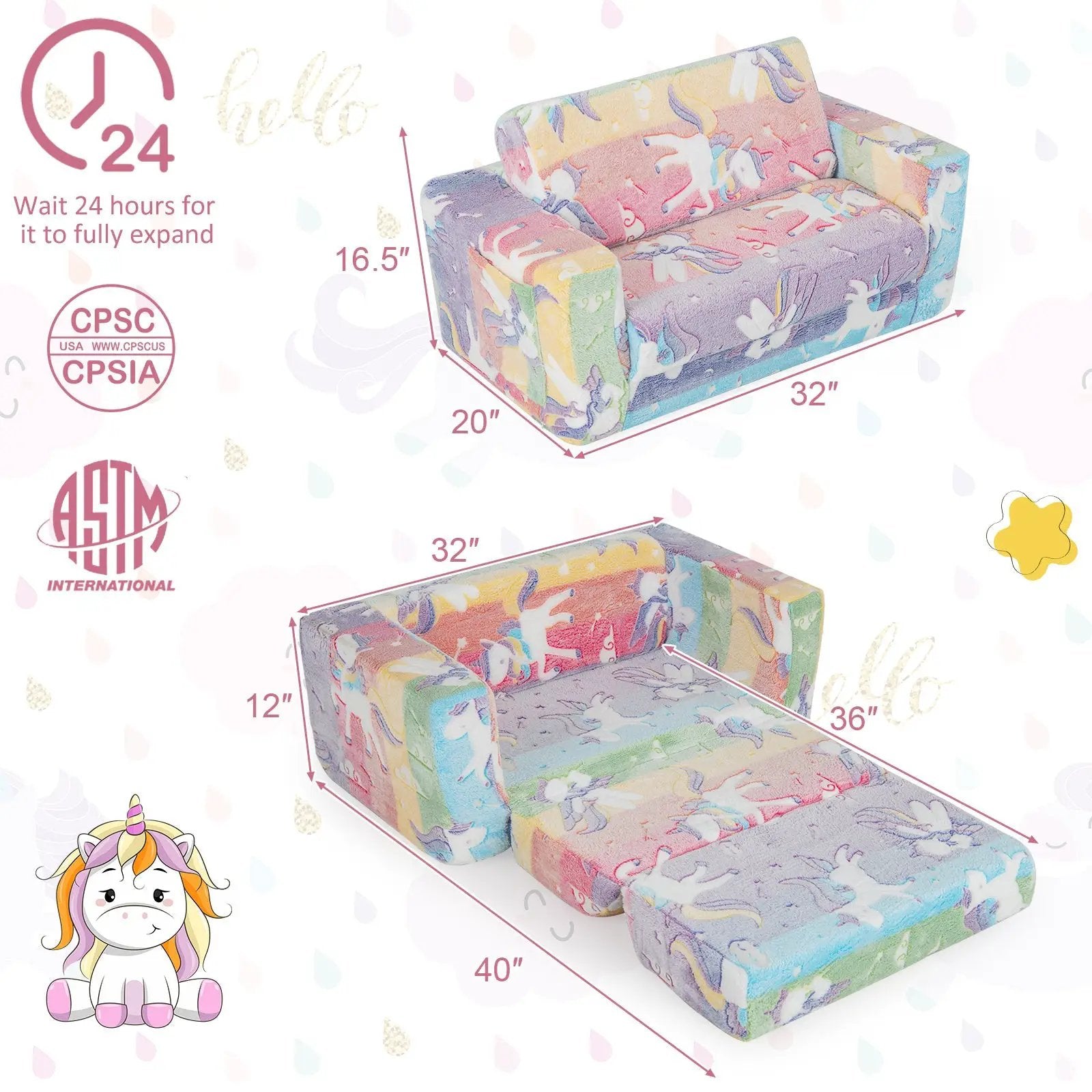 2-in-1 Flip Out Kids Sofa Chair with Detachable Flannel Fabric Cover and Glowing Patterns-Color by DirectDeals