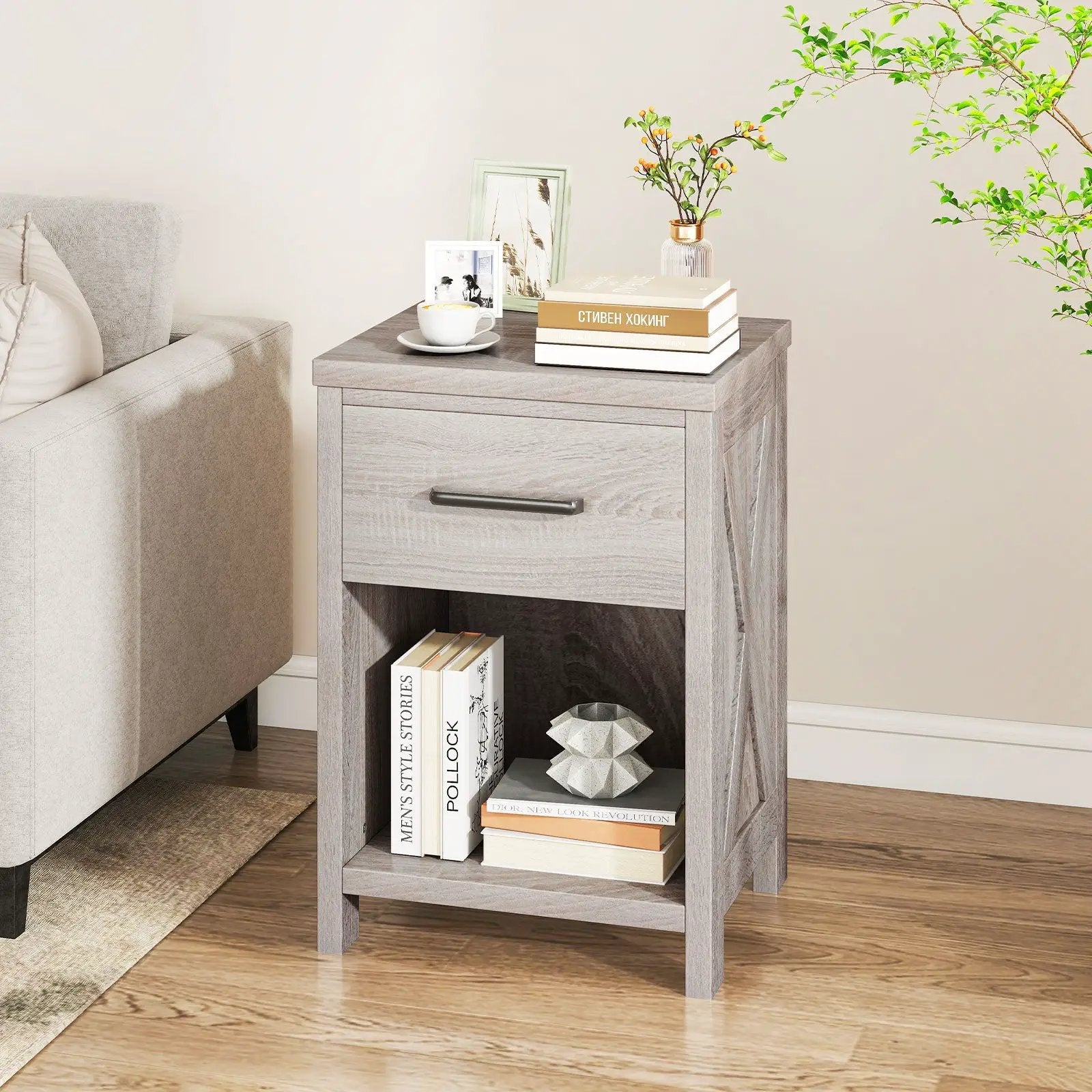 Nightstand with Drawer and Shelf-Antique Brush White by DirectDeals