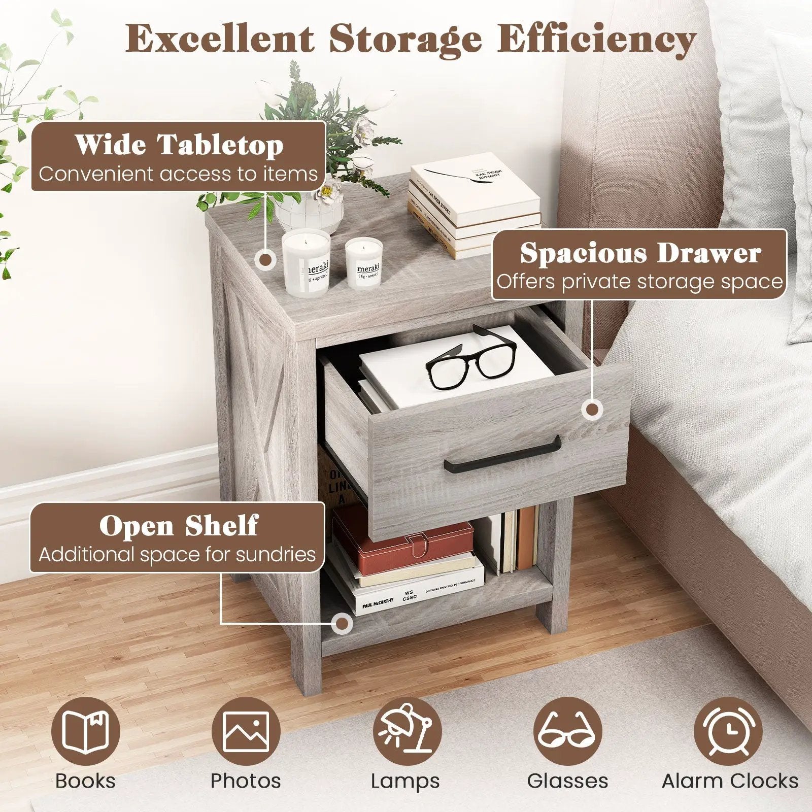Nightstand with Drawer and Shelf-Antique Brush White by DirectDeals