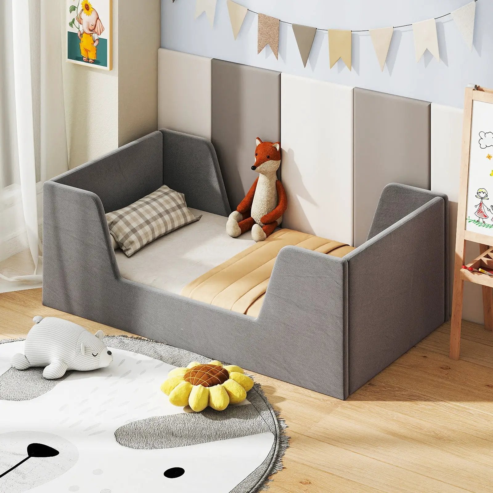 Soft Velvet Fabric Toddler Bed Frame with Safety Rails by DirectDeals