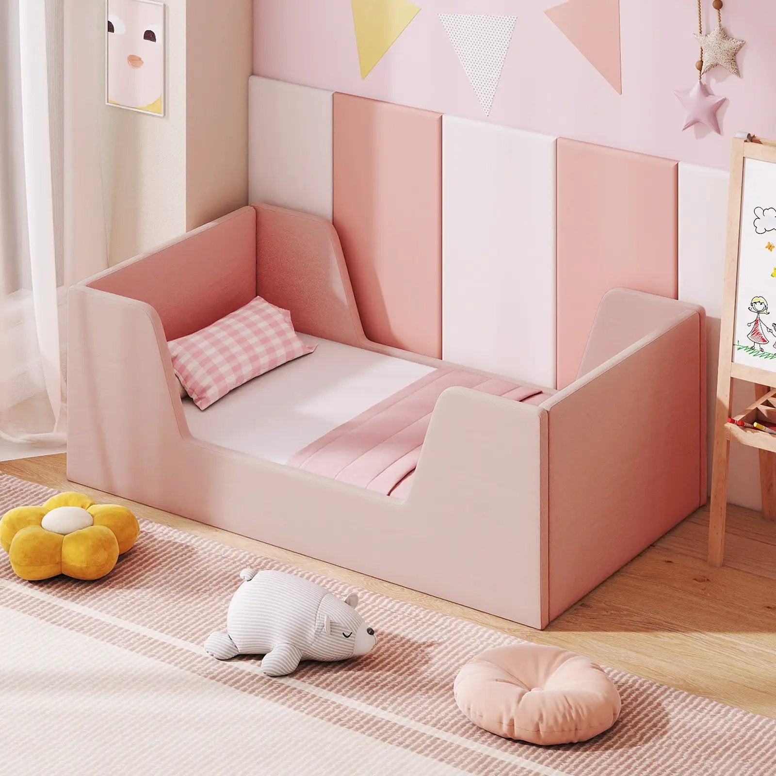 Soft Velvet Fabric Toddler Bed Frame with Safety Rails by DirectDeals