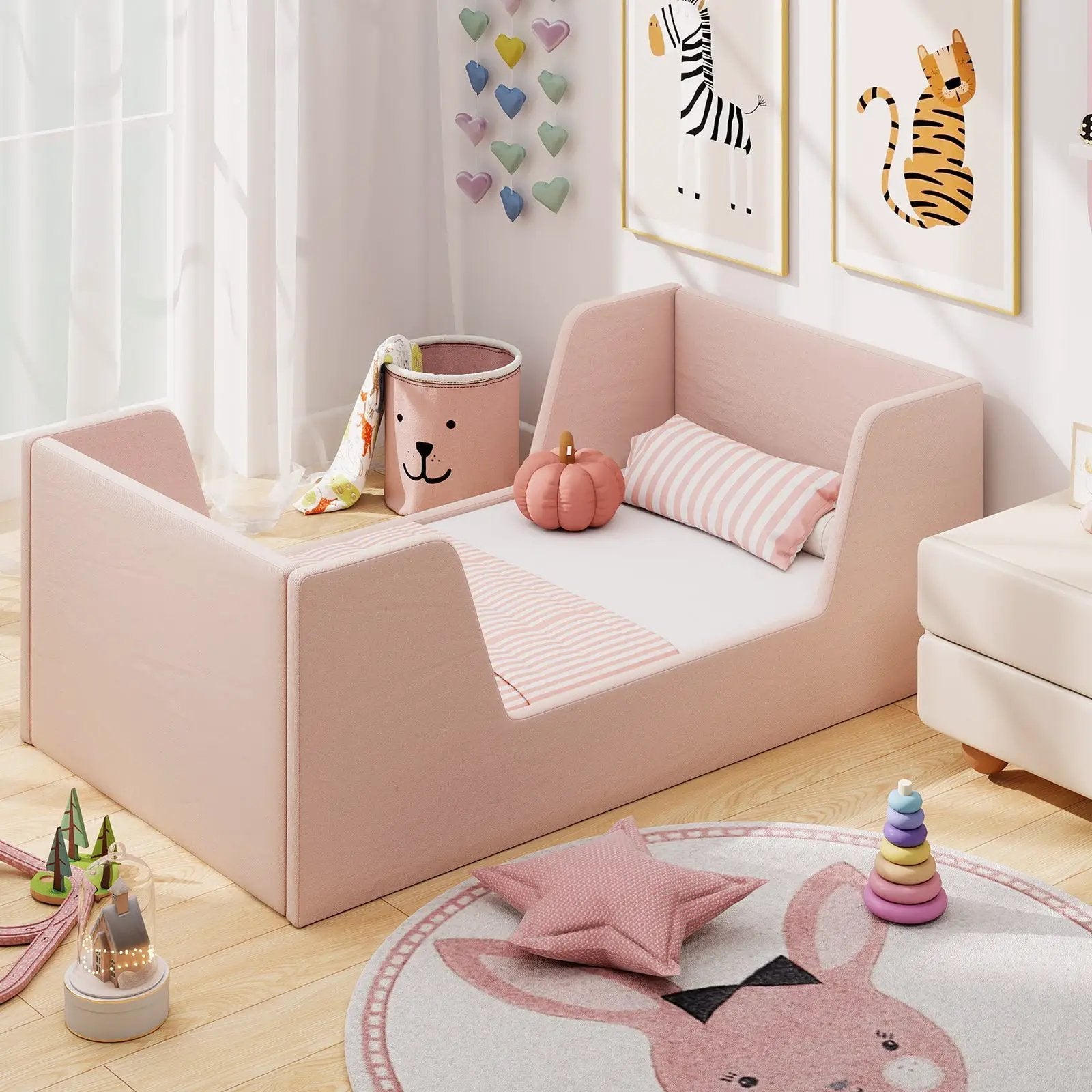 Soft Velvet Fabric Toddler Bed Frame with Safety Rails by DirectDeals
