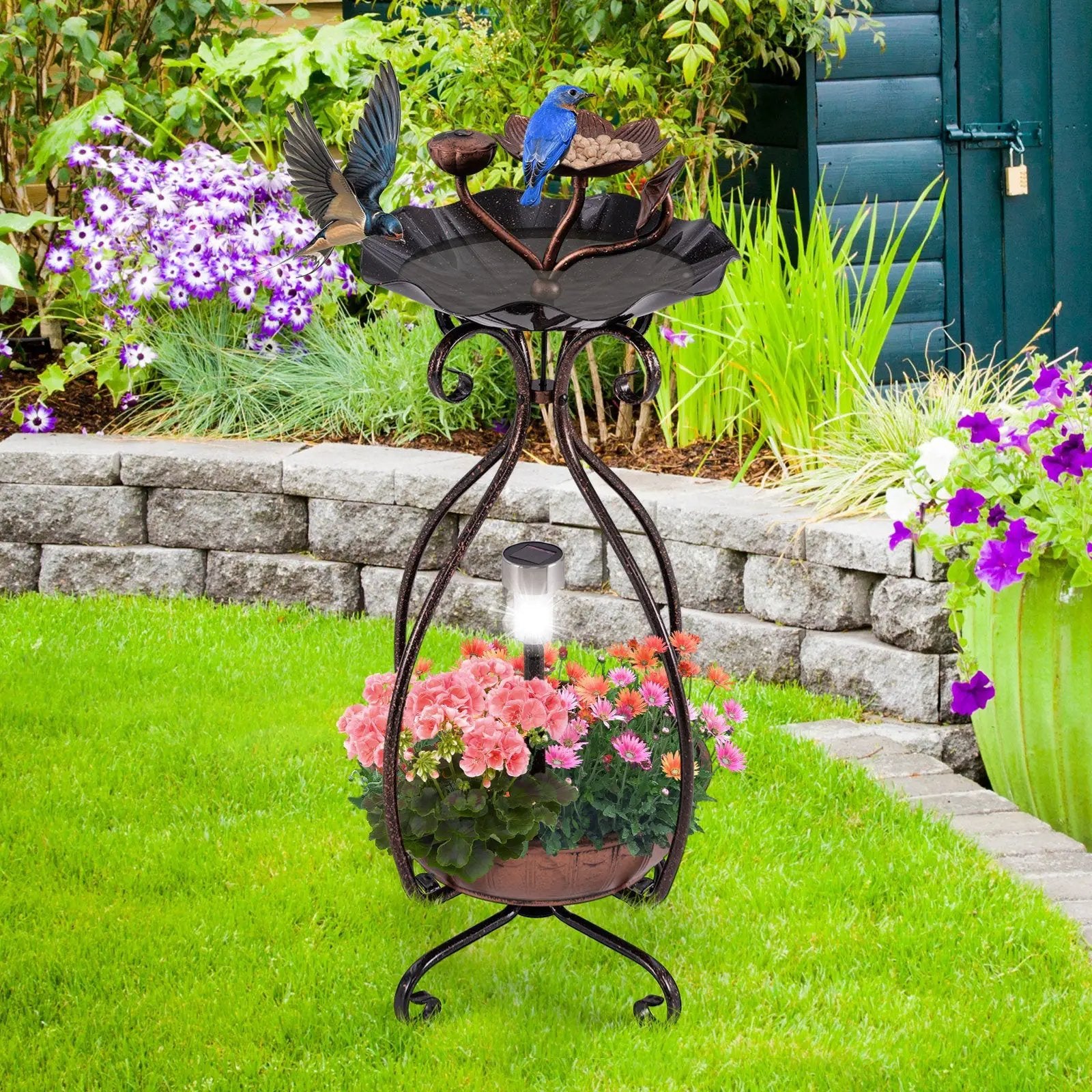 Solar Outdoor Bird Bath Feeder Combo with Flower Planter Pedestal and Solar Lights by DirectDeals