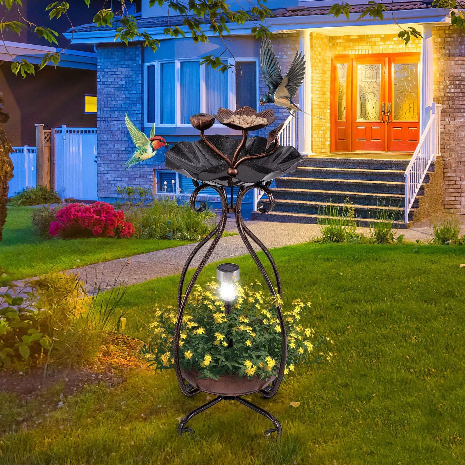 Solar Outdoor Bird Bath Feeder Combo with Flower Planter Pedestal and Solar Lights by DirectDeals