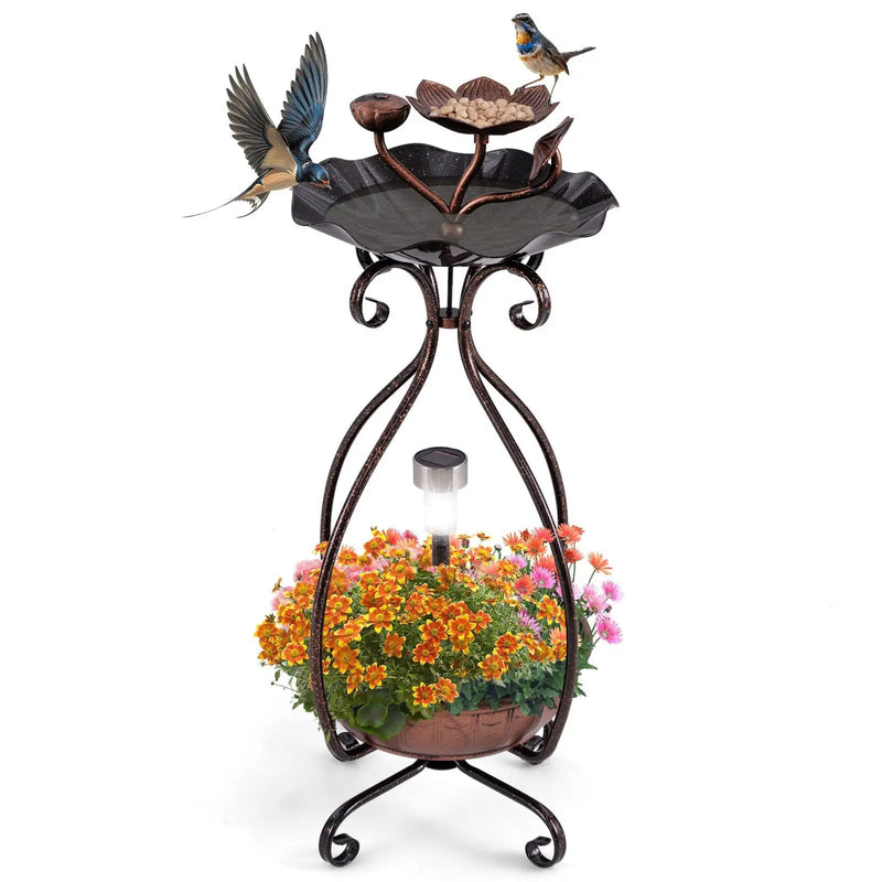 Solar Outdoor Bird Bath Feeder Combo with Flower Planter Pedestal and Solar Lights by DirectDeals