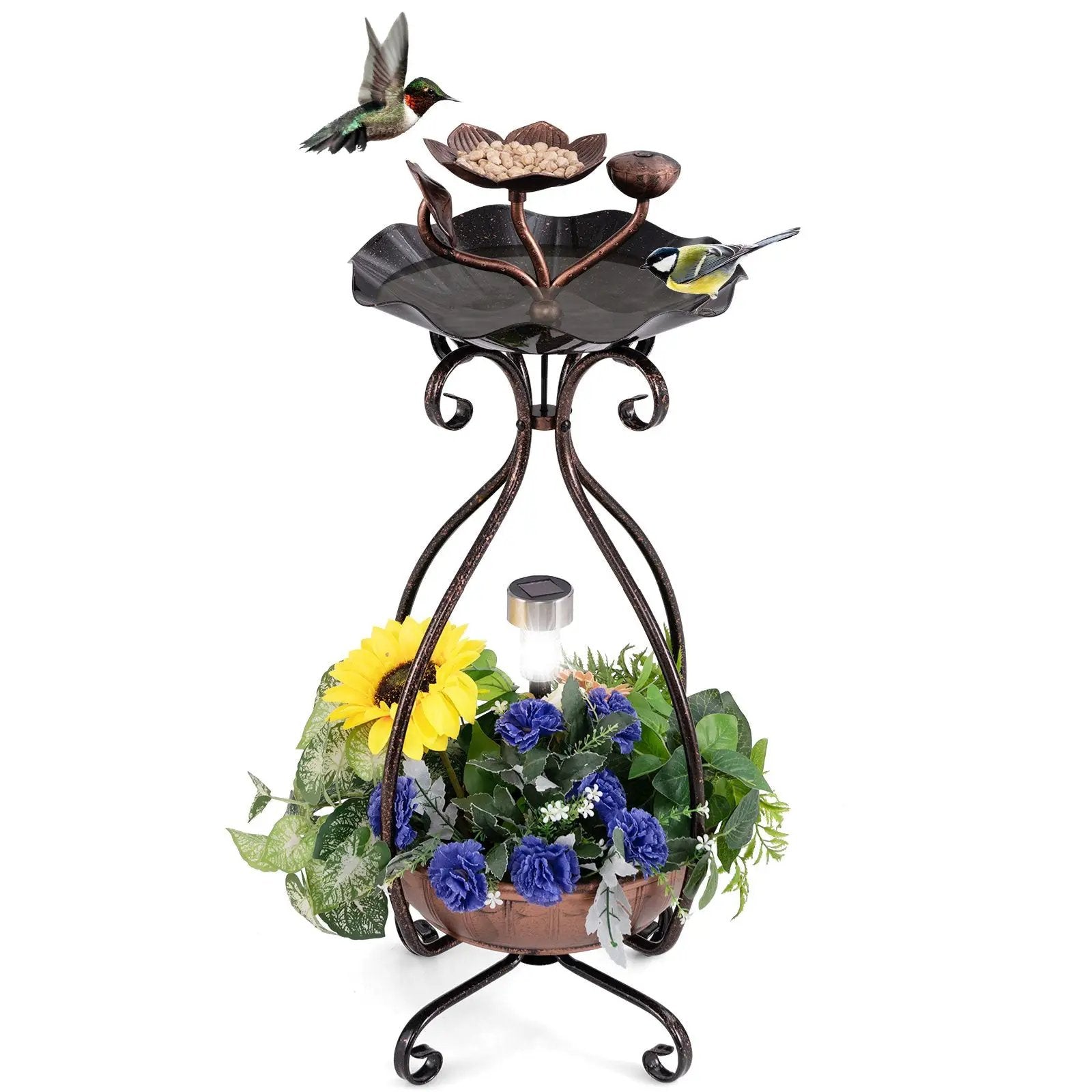 Solar Outdoor Bird Bath Feeder Combo with Flower Planter Pedestal and Solar Lights by DirectDeals