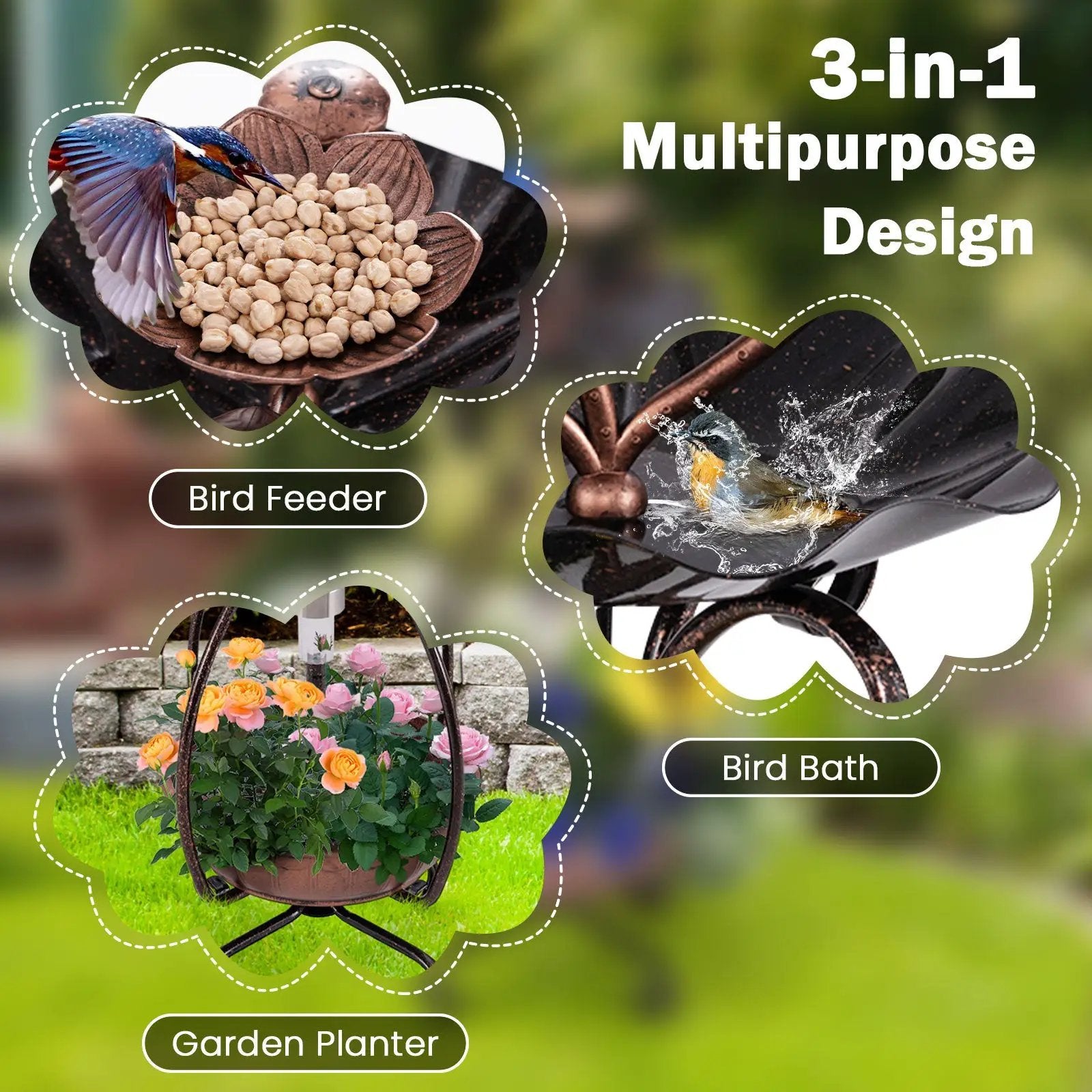 Solar Outdoor Bird Bath Feeder Combo with Flower Planter Pedestal and Solar Lights by DirectDeals