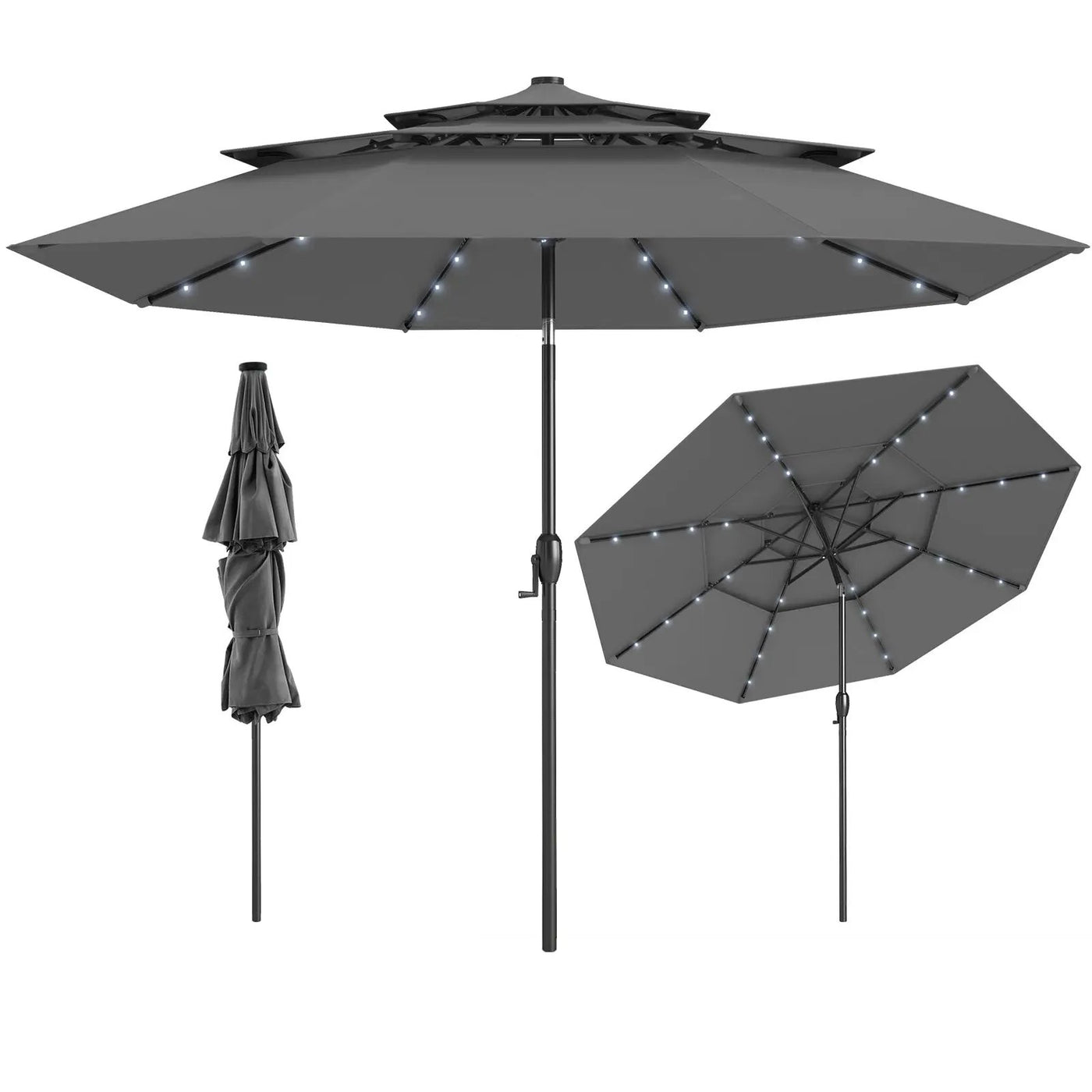 10 Feet Solar Patio Umbrella with 32 LED Lights 3-Tier Vented Top by DirectDeals