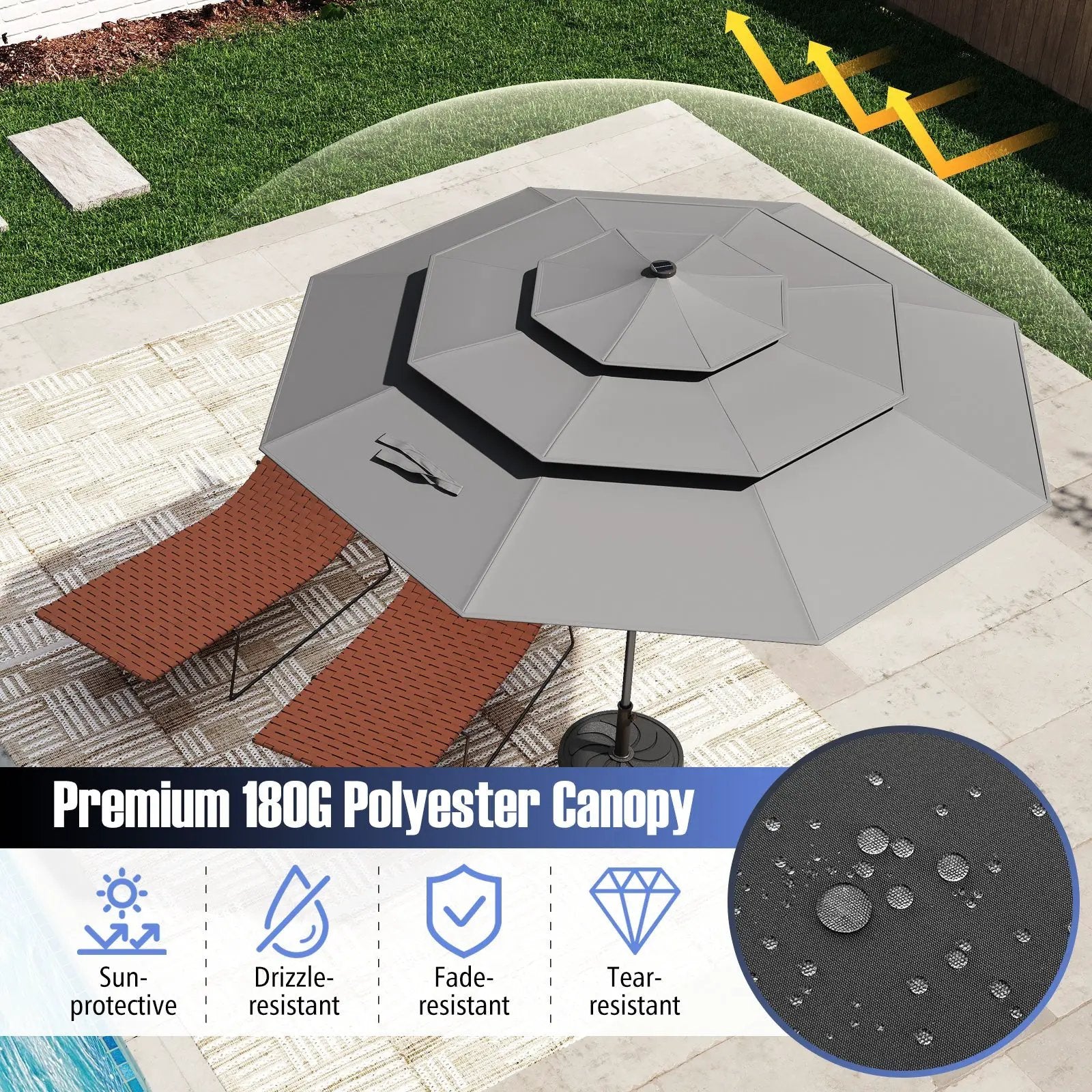 10 Feet Solar Patio Umbrella with 32 LED Lights 3-Tier Vented Top by DirectDeals