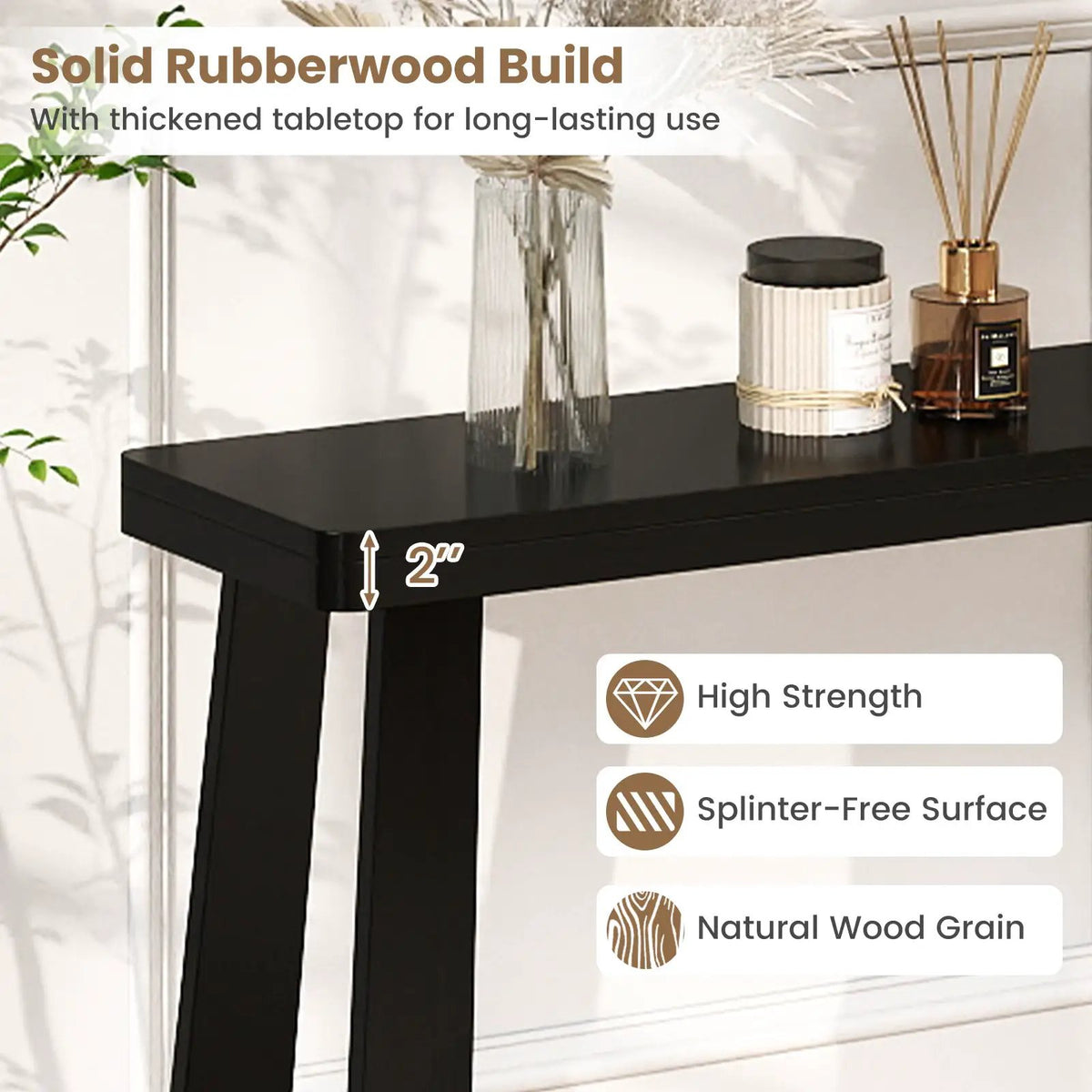 Solid Rubber Wood Console Table 43inch Narrow Entryway Table with Thick Tabletop and Stable Base by DirectDeals