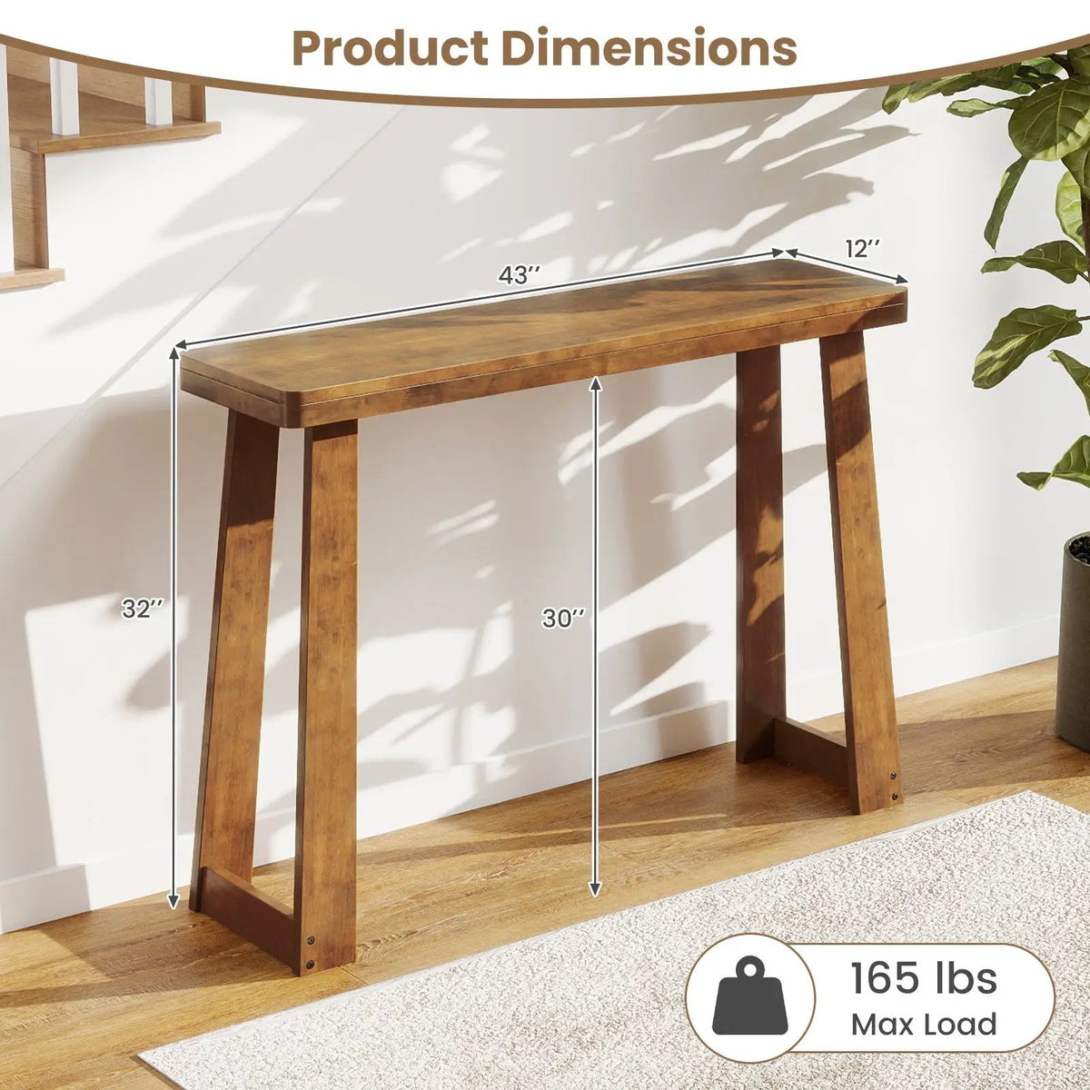 Solid Rubber Wood Console Table 43inch Narrow Entryway Table with Thick Tabletop and Stable Base by DirectDeals