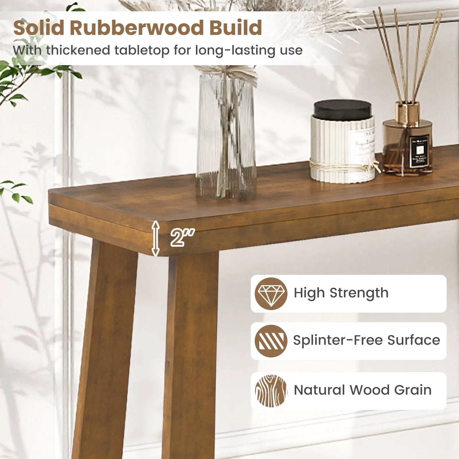 Solid Rubber Wood Console Table 43inch Narrow Entryway Table with Thick Tabletop and Stable Base by DirectDeals