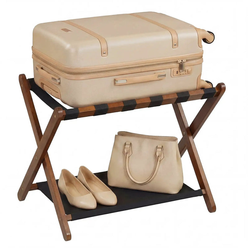 Solid Rubberwood Folding Luggage Rack with Nylon Shelves by DirectDeals