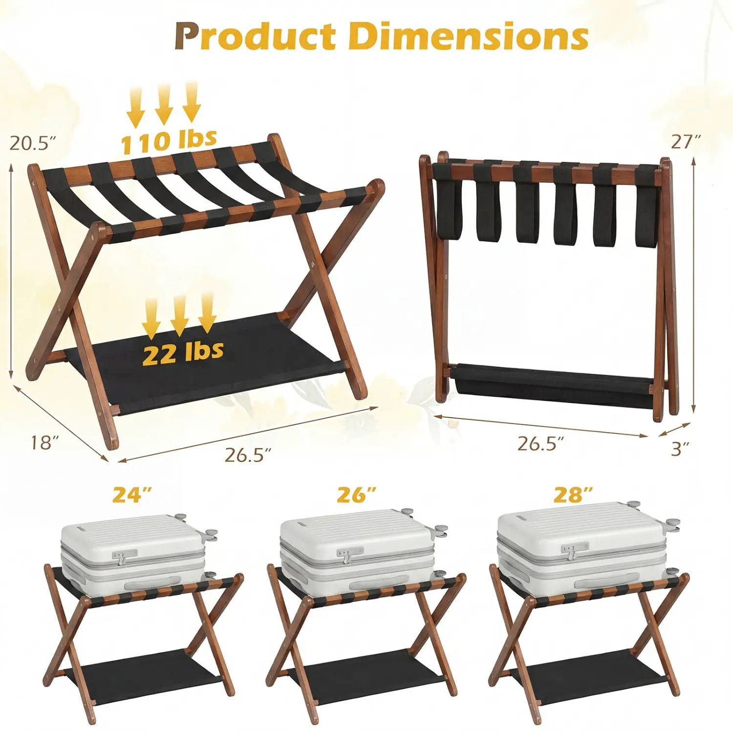 Solid Rubberwood Folding Luggage Rack with Nylon Shelves by DirectDeals
