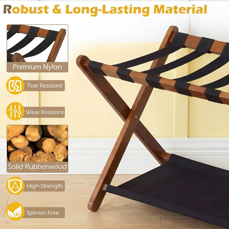 Solid Rubberwood Folding Luggage Rack with Nylon Shelves by DirectDeals