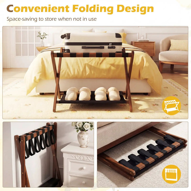 Solid Rubberwood Folding Luggage Rack with Nylon Shelves by DirectDeals