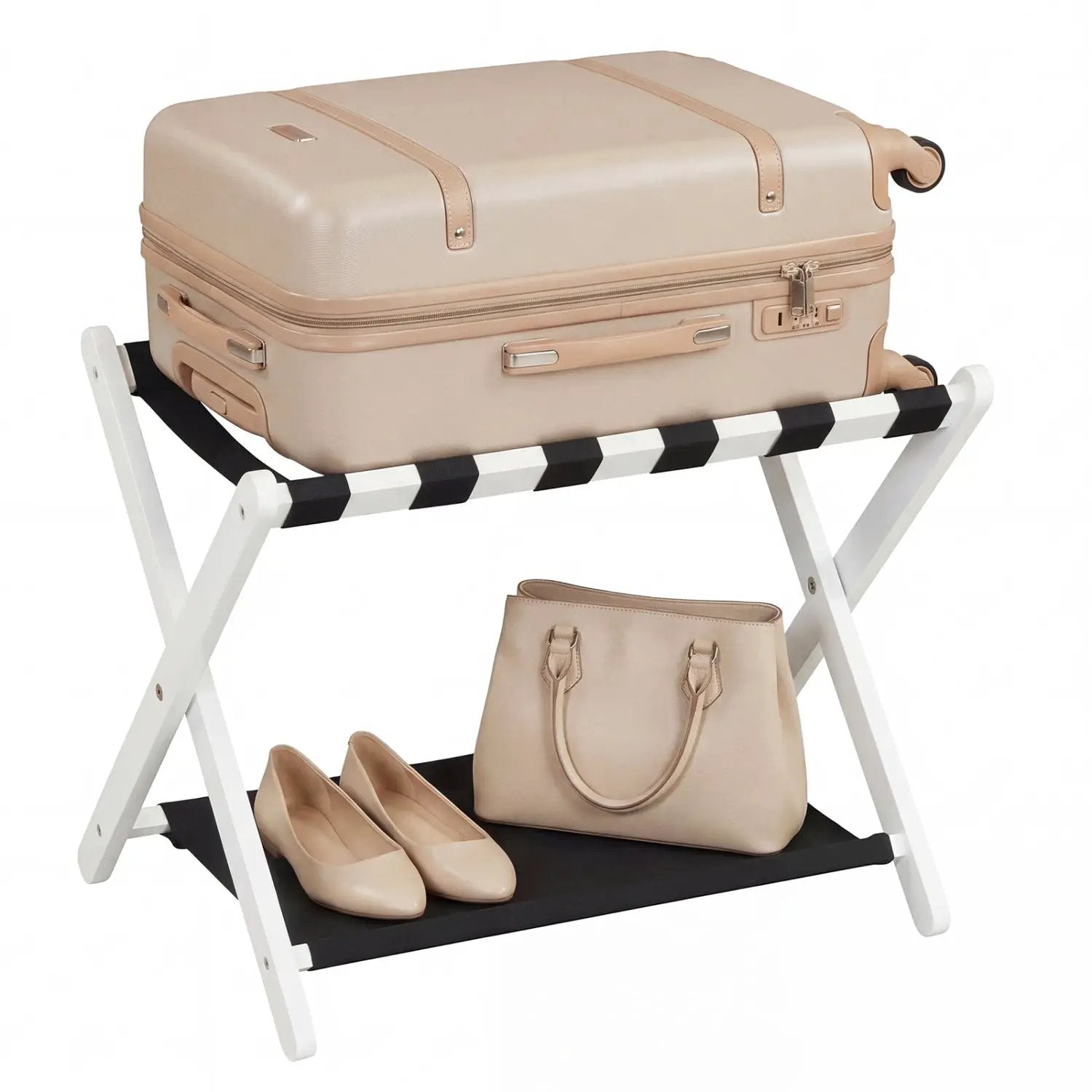 Solid Rubberwood Folding Luggage Rack with Nylon Shelves by DirectDeals