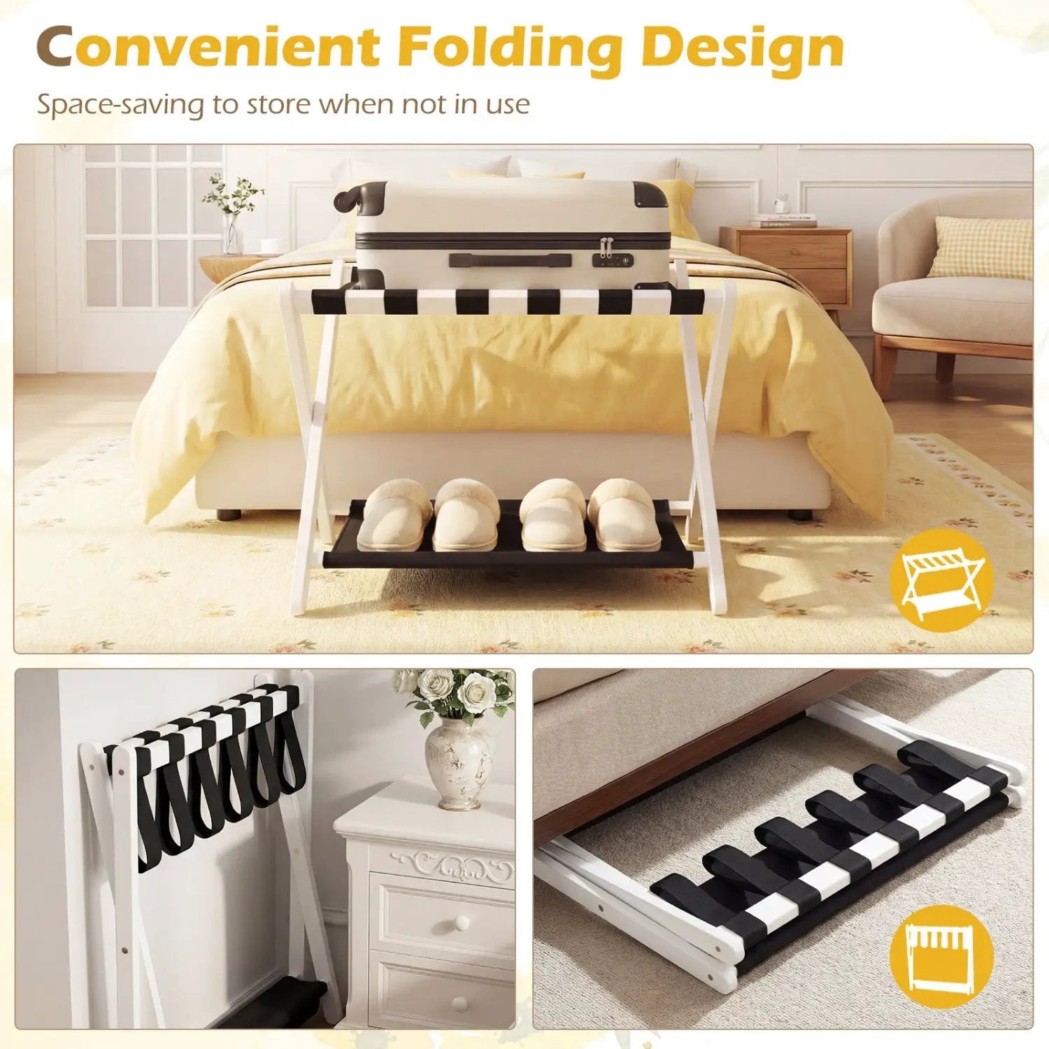 Solid Rubberwood Folding Luggage Rack with Nylon Shelves by DirectDeals