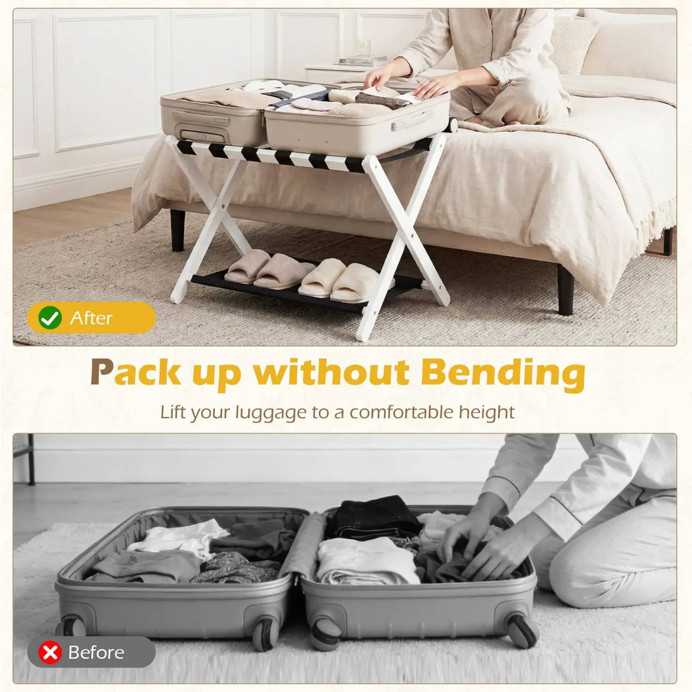 Solid Rubberwood Folding Luggage Rack with Nylon Shelves by DirectDeals