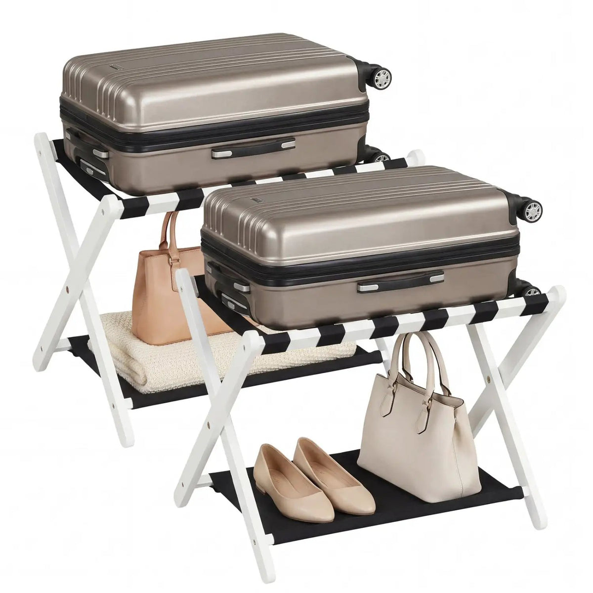 Solid Rubberwood Folding Luggage Rack with Nylon Shelves Set of 2 by DirectDeals