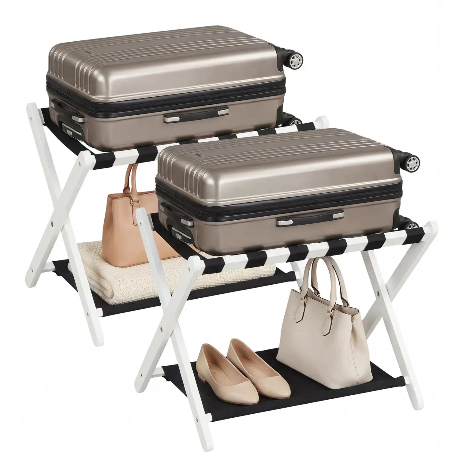 Solid Rubberwood Folding Luggage Rack with Nylon Shelves Set of 2 by DirectDeals