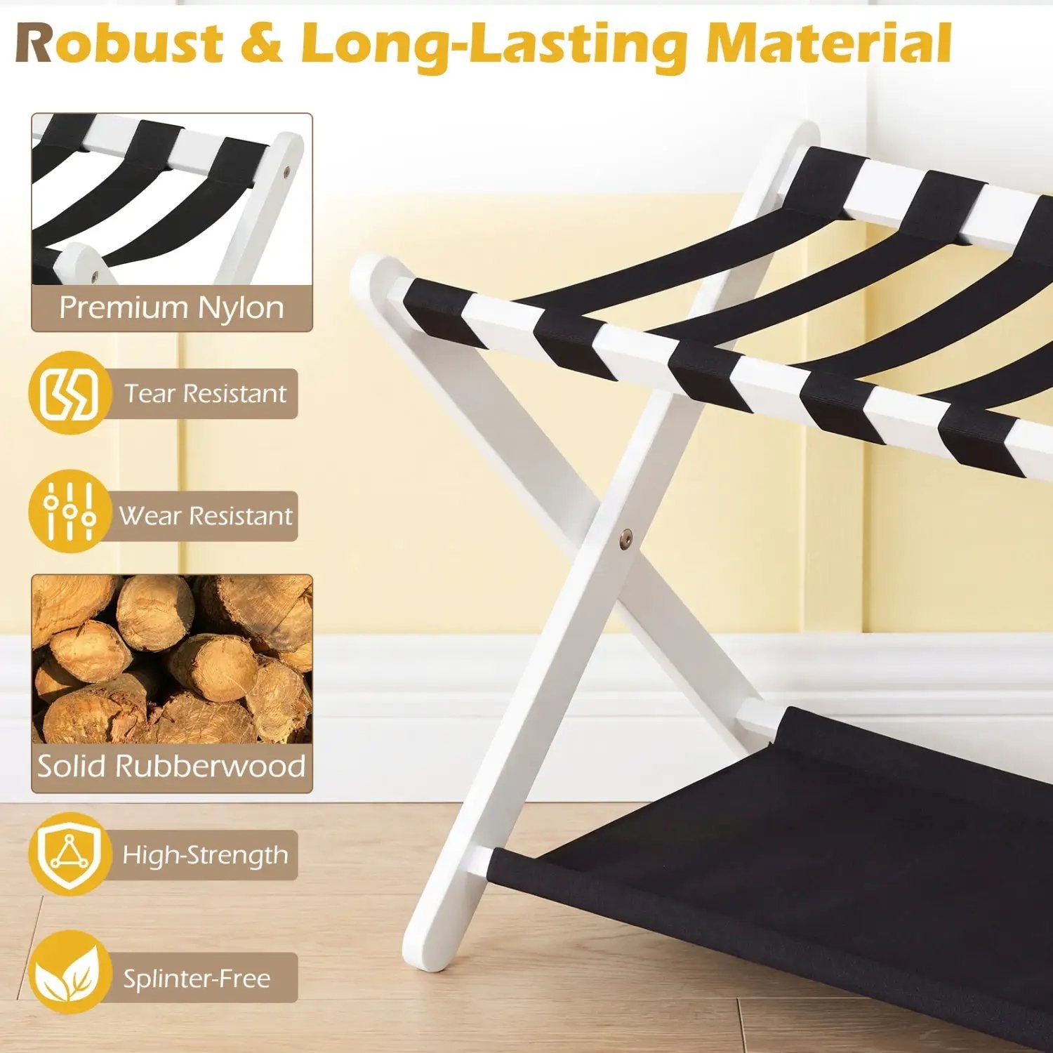 Solid Rubberwood Folding Luggage Rack with Nylon Shelves Set of 2 by DirectDeals