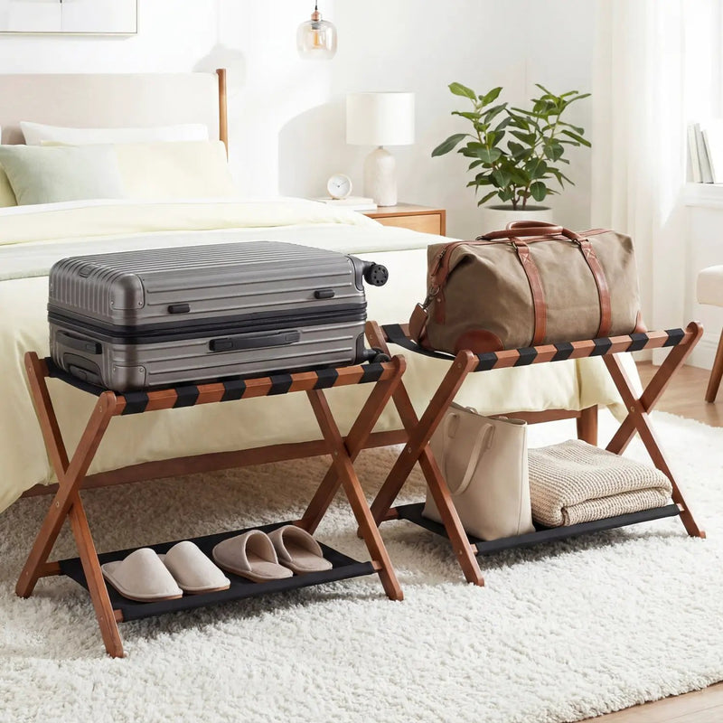 Solid Rubberwood Folding Luggage Rack with Nylon Shelves Set of 2 by DirectDeals