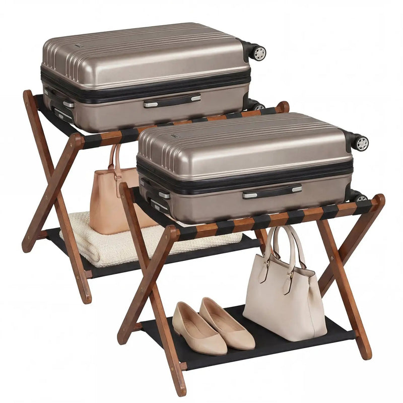Solid Rubberwood Folding Luggage Rack with Nylon Shelves Set of 2 by DirectDeals