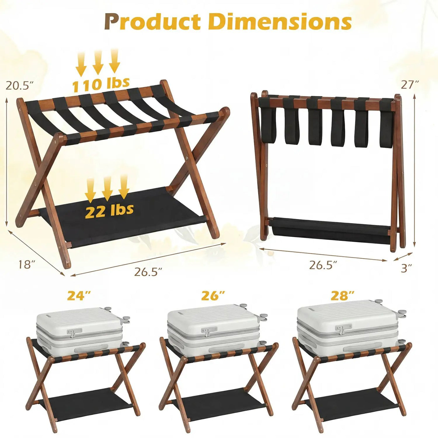 Solid Rubberwood Folding Luggage Rack with Nylon Shelves Set of 2 by DirectDeals