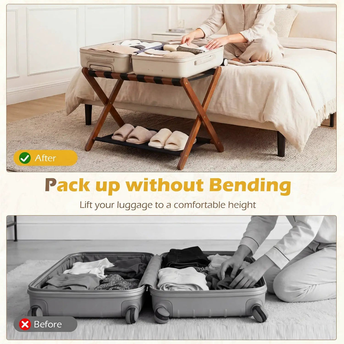 Solid Rubberwood Folding Luggage Rack with Nylon Shelves Set of 2 by DirectDeals