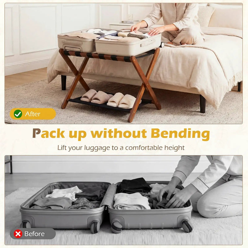 Solid Rubberwood Folding Luggage Rack with Nylon Shelves Set of 2 by DirectDeals