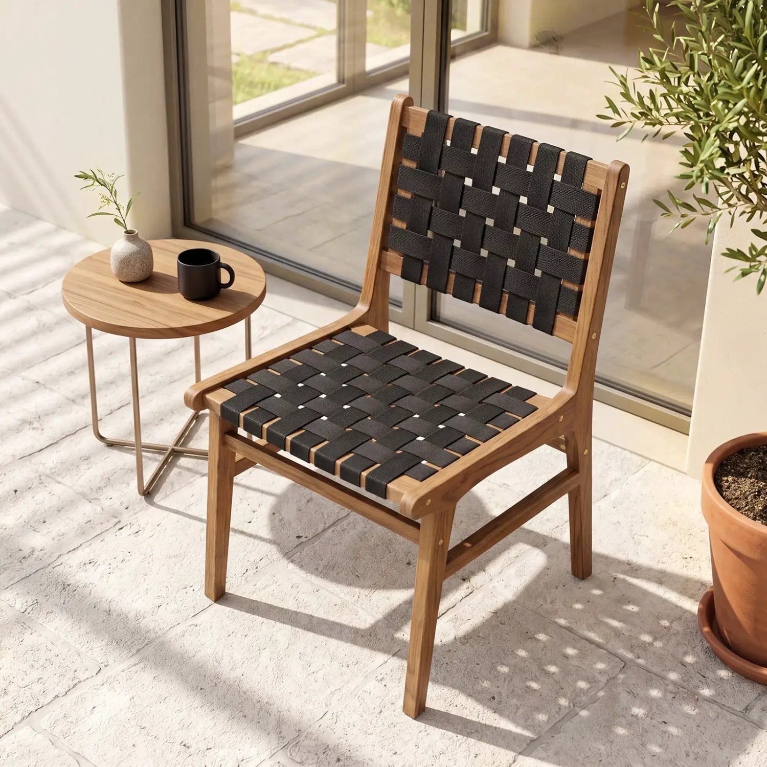 Teak Wood Outdoor Dining Chair with Woven Strap Back by DirectDeals
