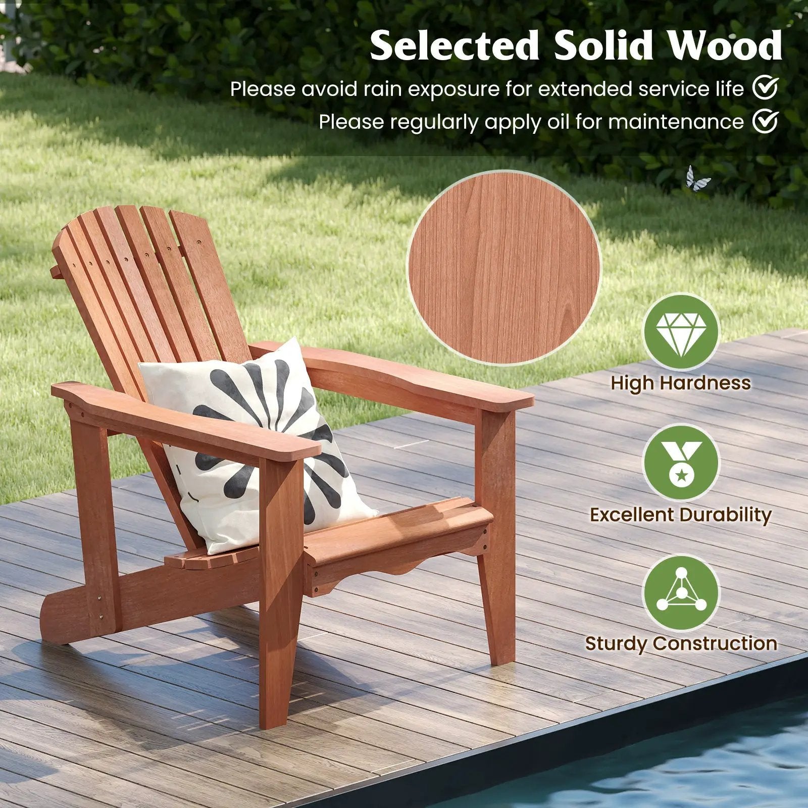 Solid Wood Adirondack Chair with High Backrest and Wide Armrests by DirectDeals
