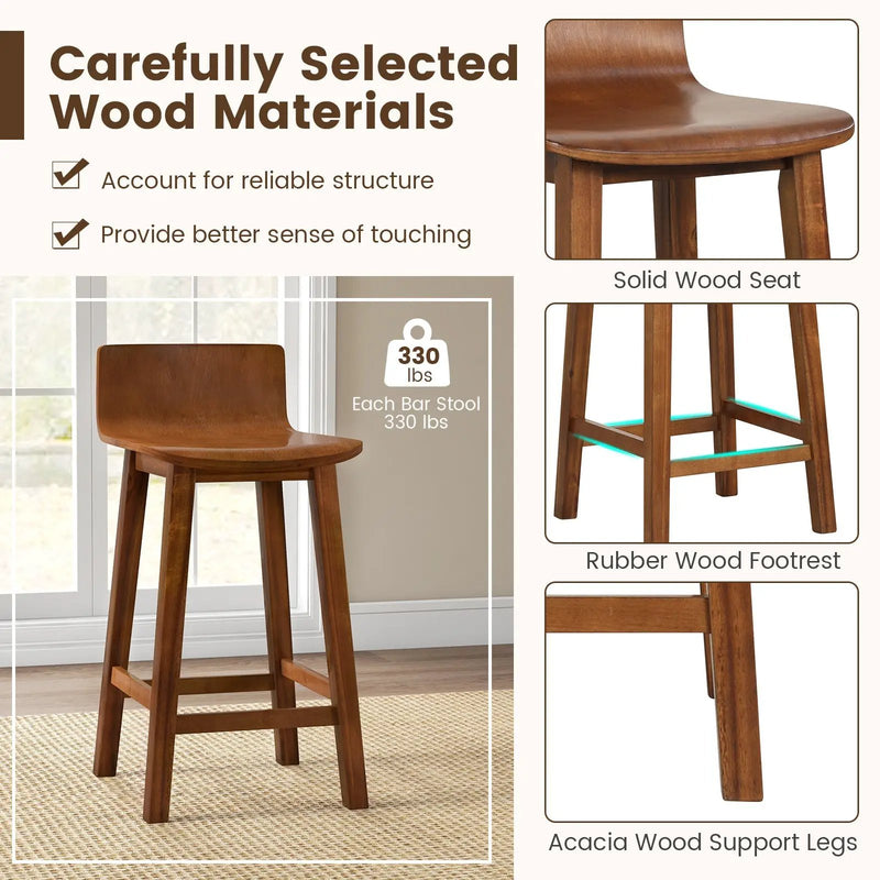 Wood Bar Stools Set of 2 with Solid Back and Seat by DirectDeals