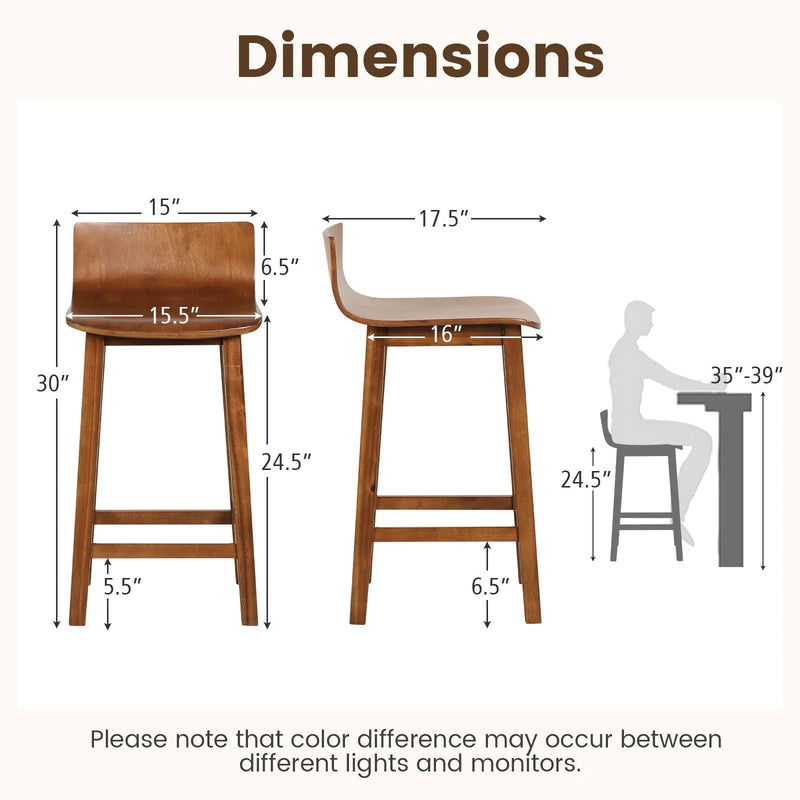 Wood Bar Stools Set of 2 with Solid Back and Seat by DirectDeals