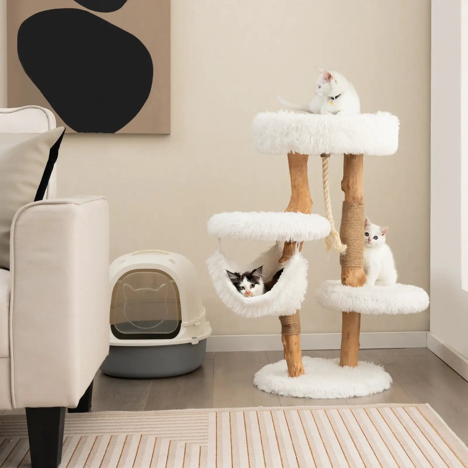 Solid Wood Cat Tower with Jute Scratching Posts and Hanging Rope for Indoor Cats by DirectDeals