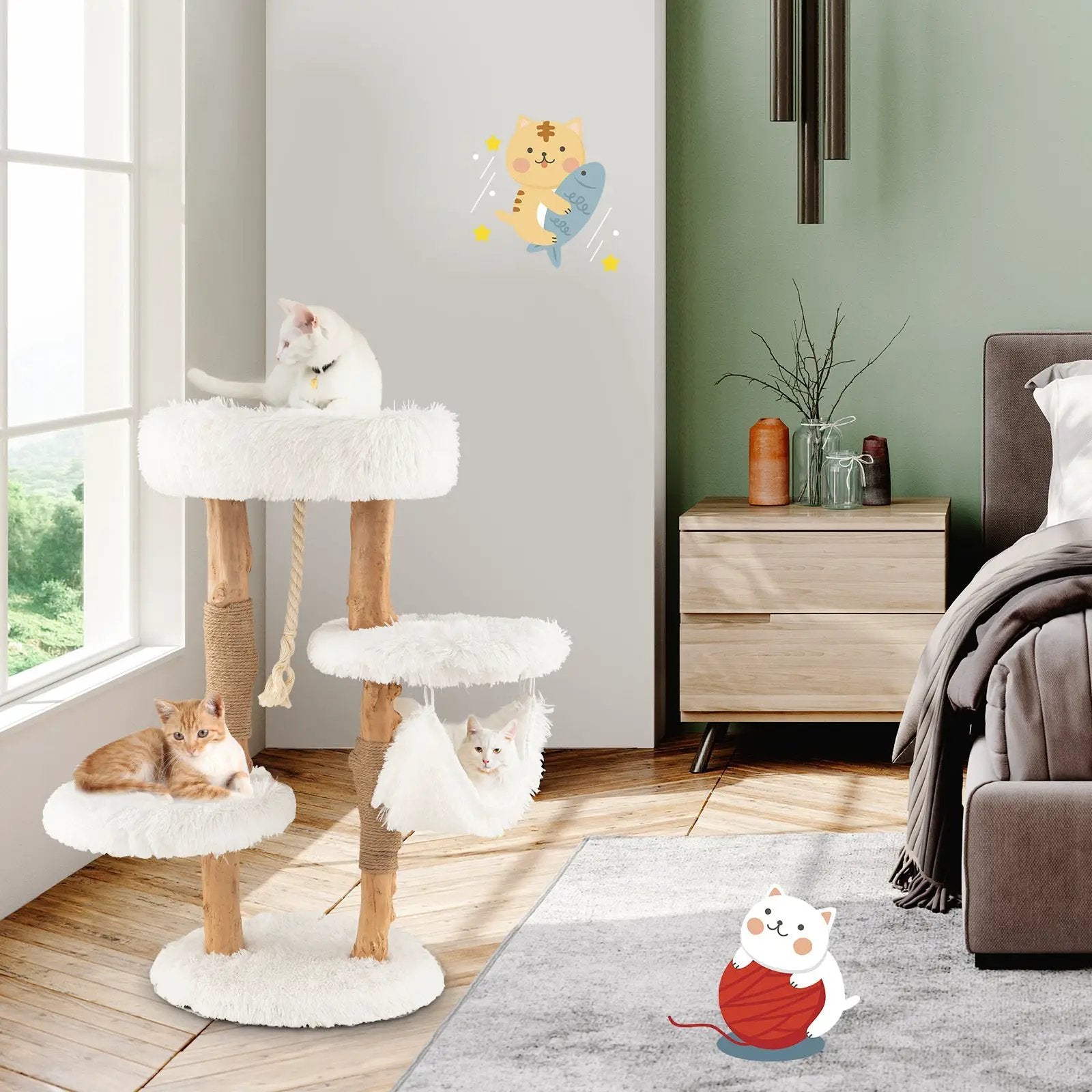 Solid Wood Cat Tower with Jute Scratching Posts and Hanging Rope for Indoor Cats by DirectDeals