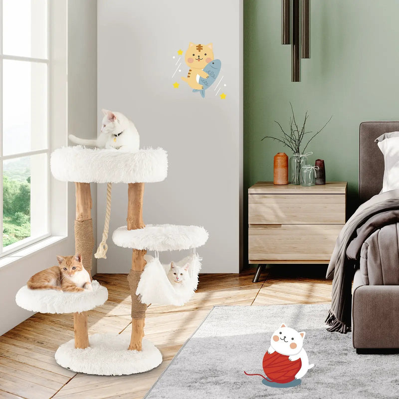Solid Wood Cat Tower with Jute Scratching Posts and Hanging Rope for Indoor Cats by DirectDeals