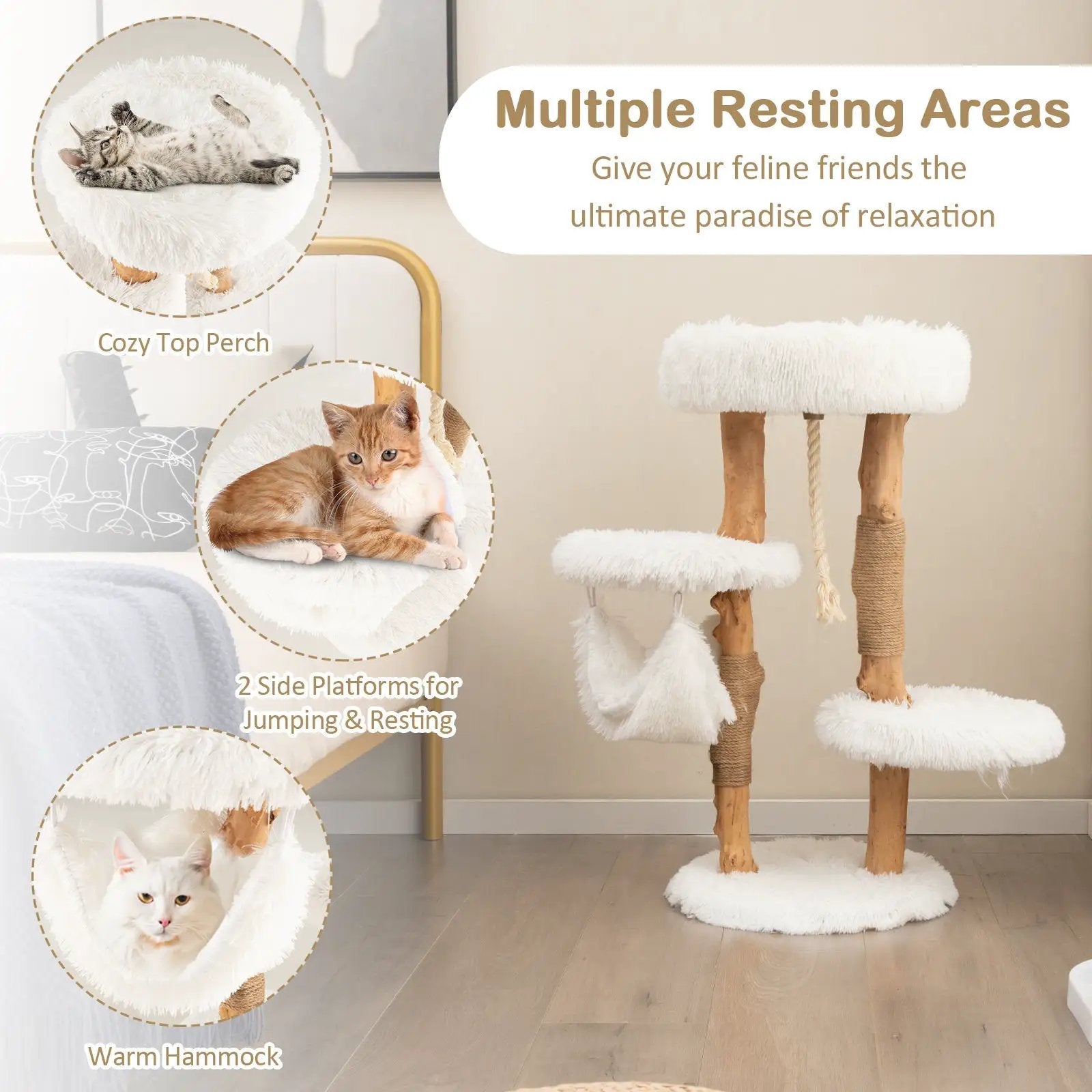 Solid Wood Cat Tower with Jute Scratching Posts and Hanging Rope for Indoor Cats by DirectDeals