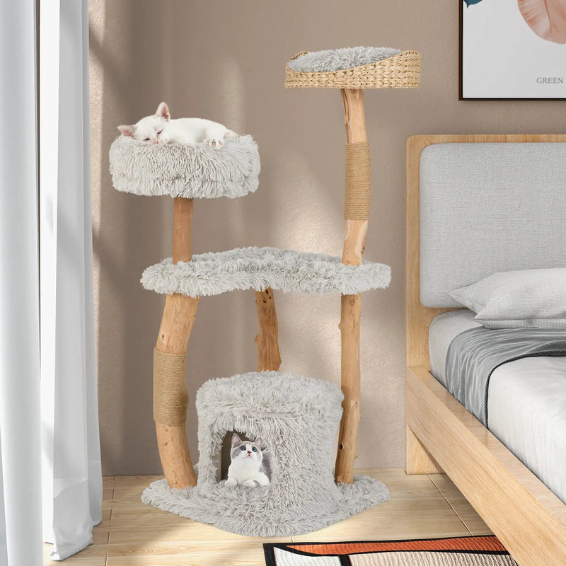 Solid Wood Cat Tower with Top Cattail Basket Cat Bed by DirectDeals