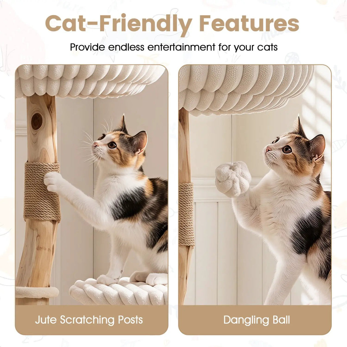 Solid Wood Cat Tree 41" with Real Branches & Cozy Bed by DirectDeals