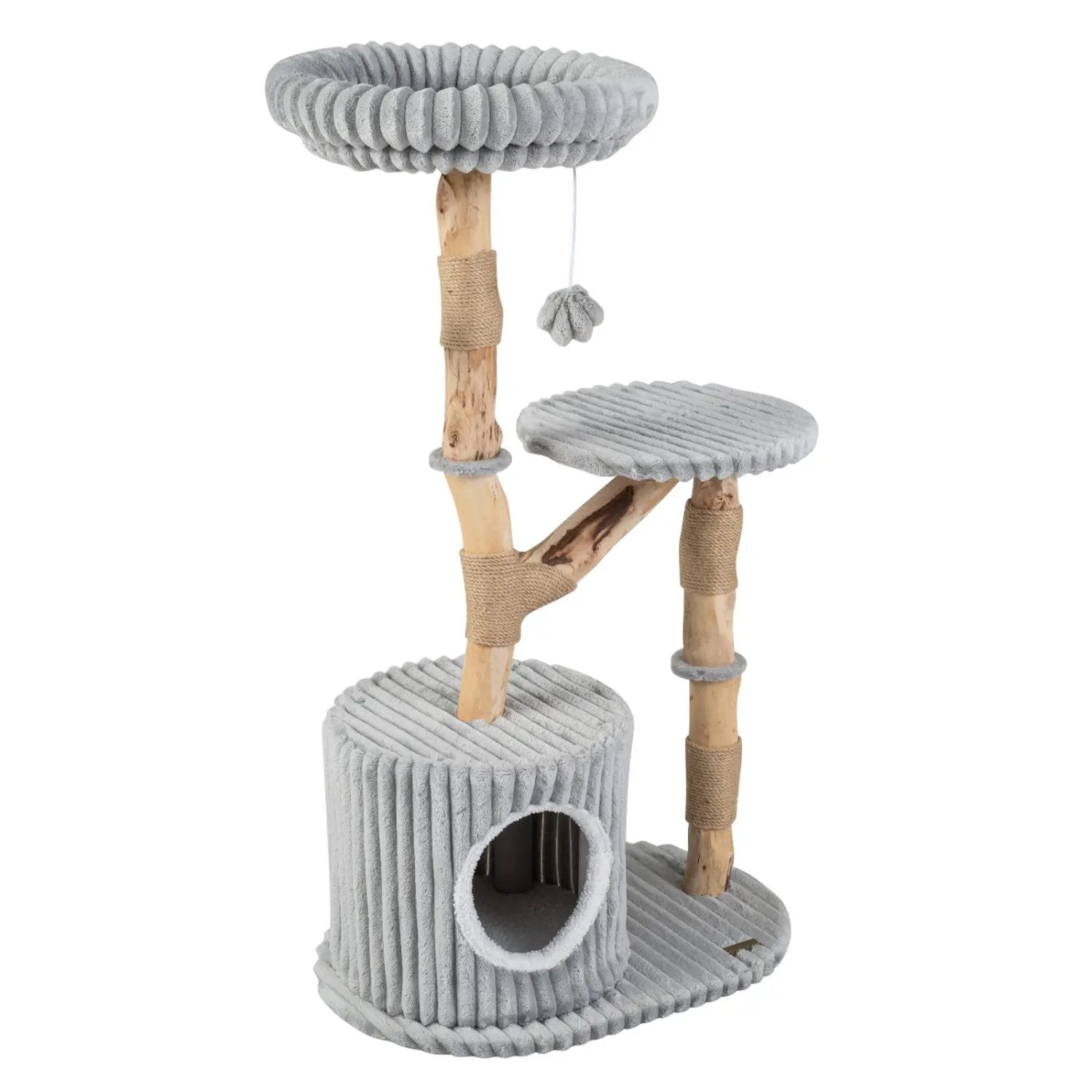 Solid Wood Cat Tree 41" with Real Branches & Cozy Bed by DirectDeals