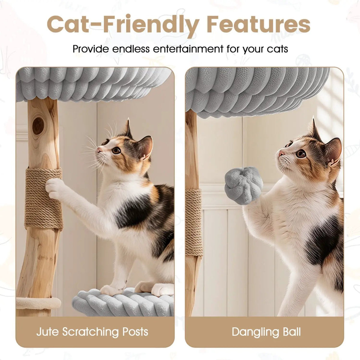 Solid Wood Cat Tree 41" with Real Branches & Cozy Bed by DirectDeals