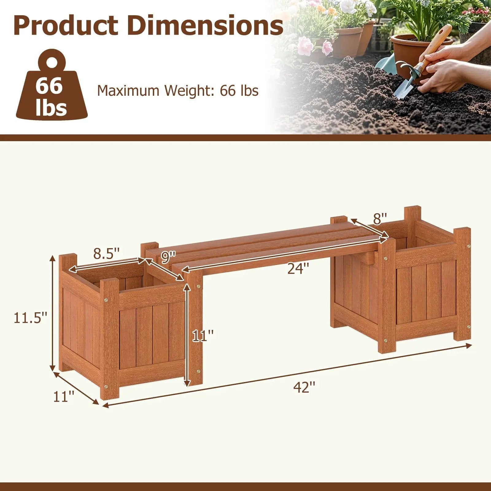 Solid Wood Flower Box Mini Outdoor Planter Boxes with Bench by DirectDeals