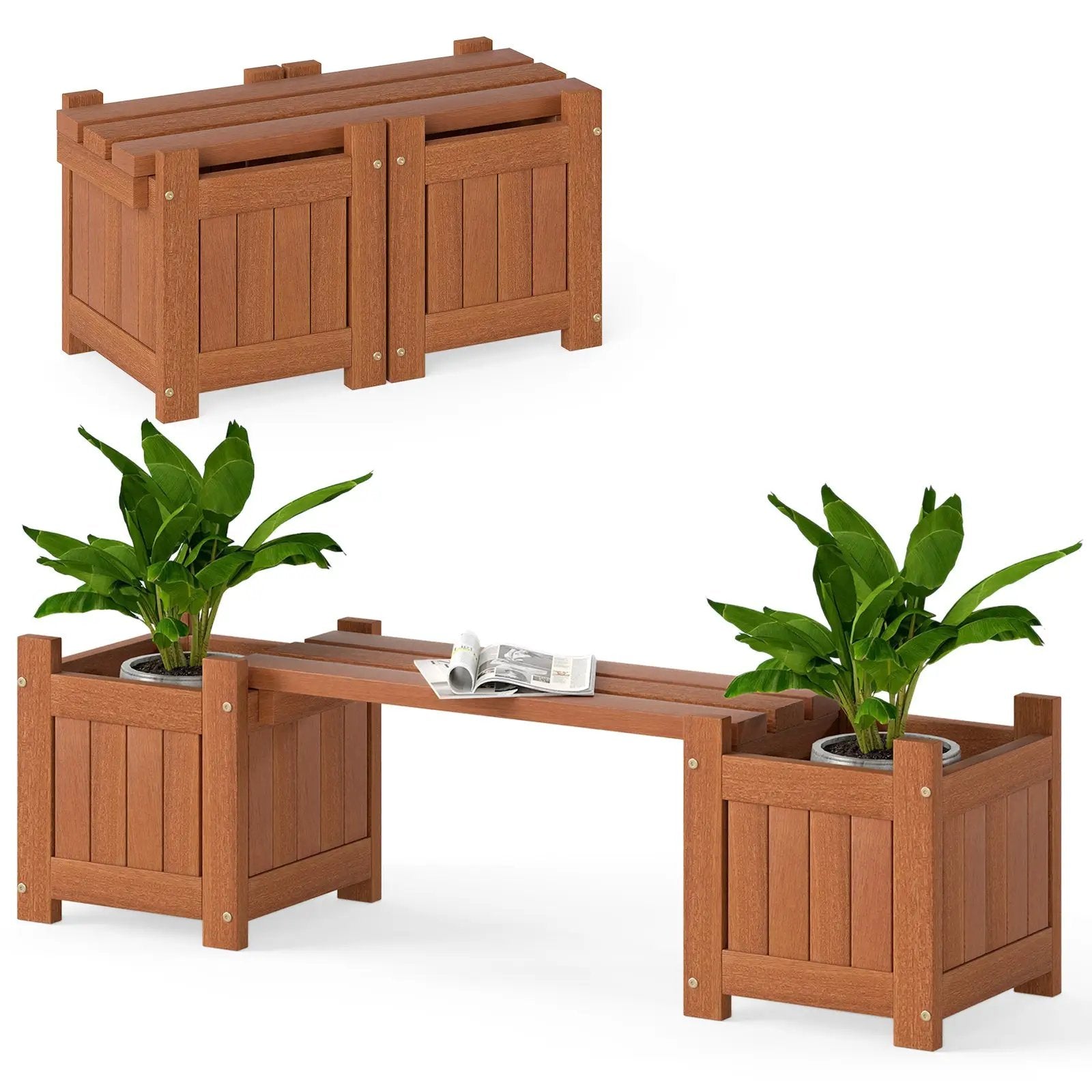 Solid Wood Flower Box Mini Outdoor Planter Boxes with Bench by DirectDeals